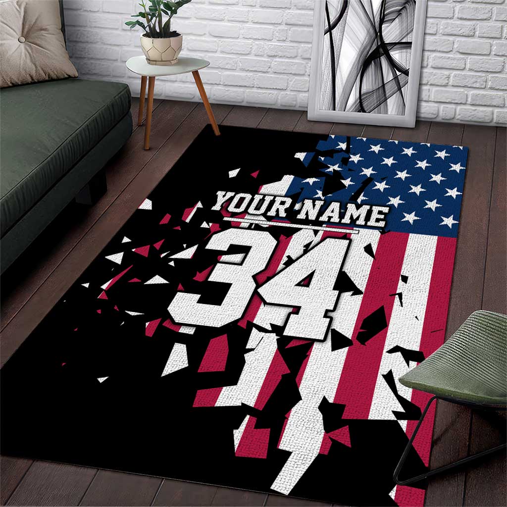 Personalized Dirt Bike Racing Area Rug Shattered American Flag and Race Checkered Patch Graphic in Red White and Blue - Wonder Print Shop