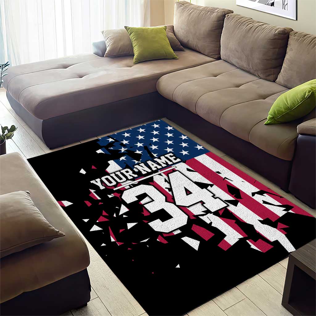 Personalized Dirt Bike Racing Area Rug Shattered American Flag and Race Checkered Patch Graphic in Red White and Blue - Wonder Print Shop