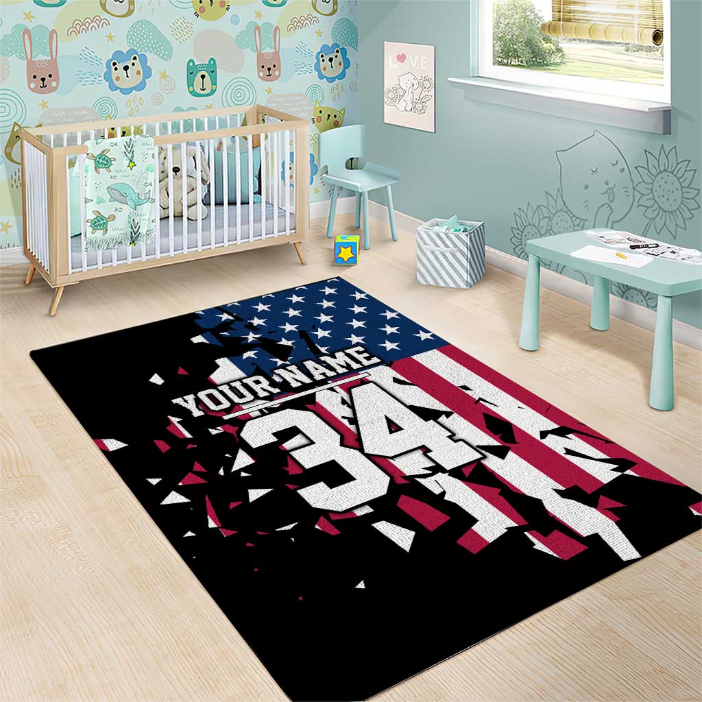 Personalized Dirt Bike Racing Area Rug Shattered American Flag and Race Checkered Patch Graphic in Red White and Blue - Wonder Print Shop