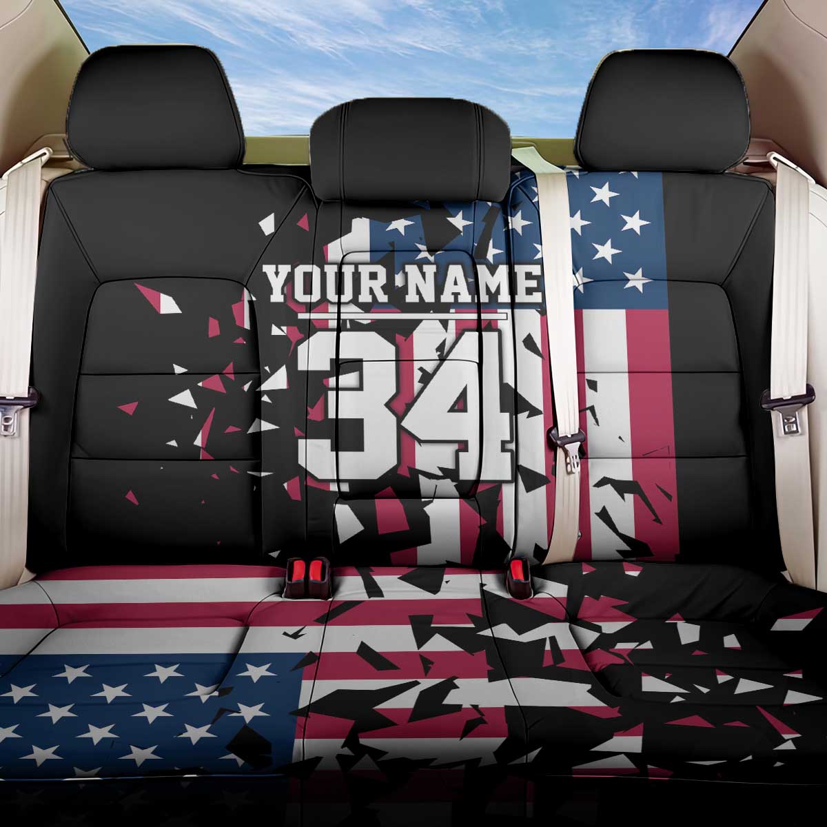 Personalized Dirt Bike Racing Back Car Seat Cover Shattered American Flag and Race Checkered Patch Graphic in Red White and Blue - Wonder Print Shop