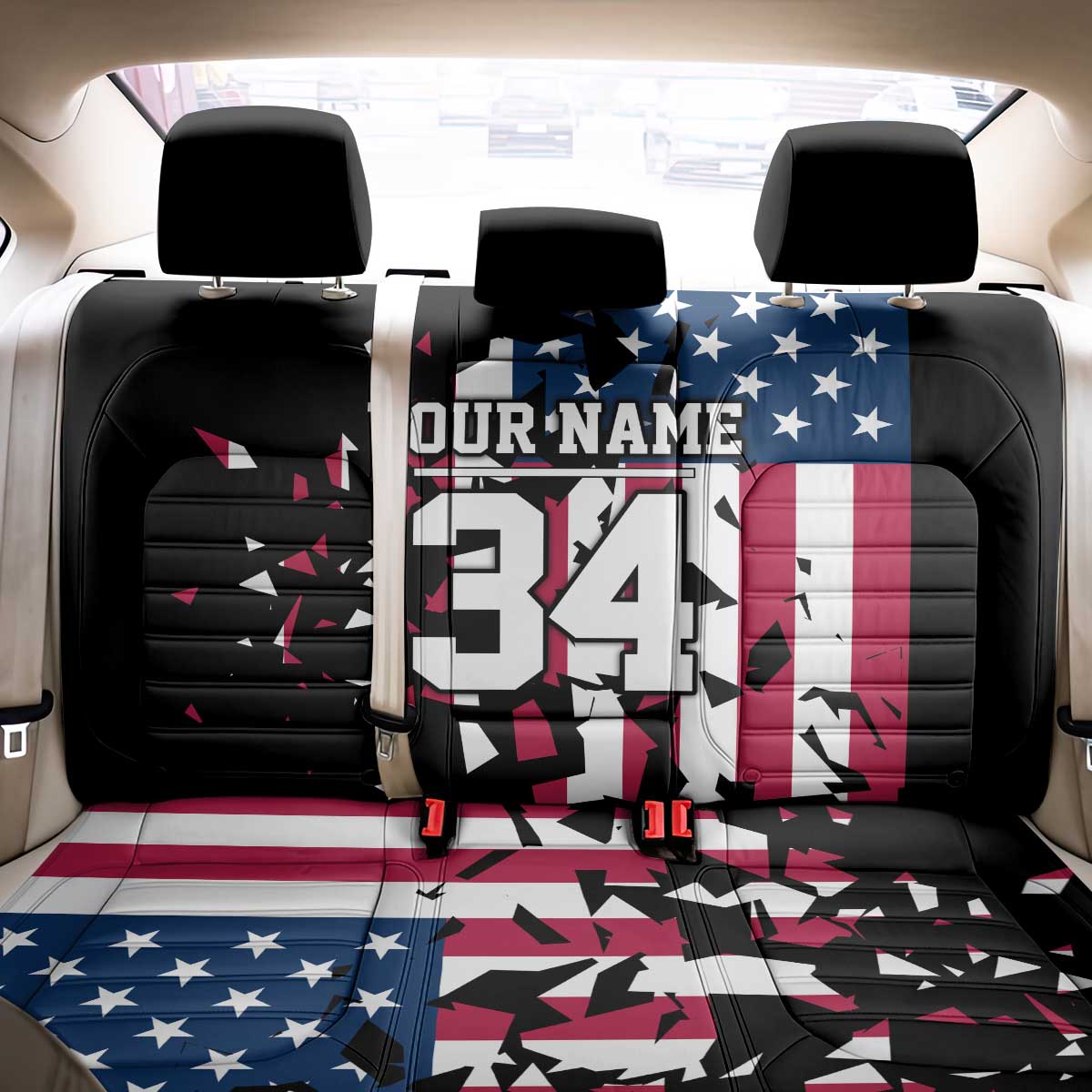Personalized Dirt Bike Racing Back Car Seat Cover Shattered American Flag and Race Checkered Patch Graphic in Red White and Blue - Wonder Print Shop
