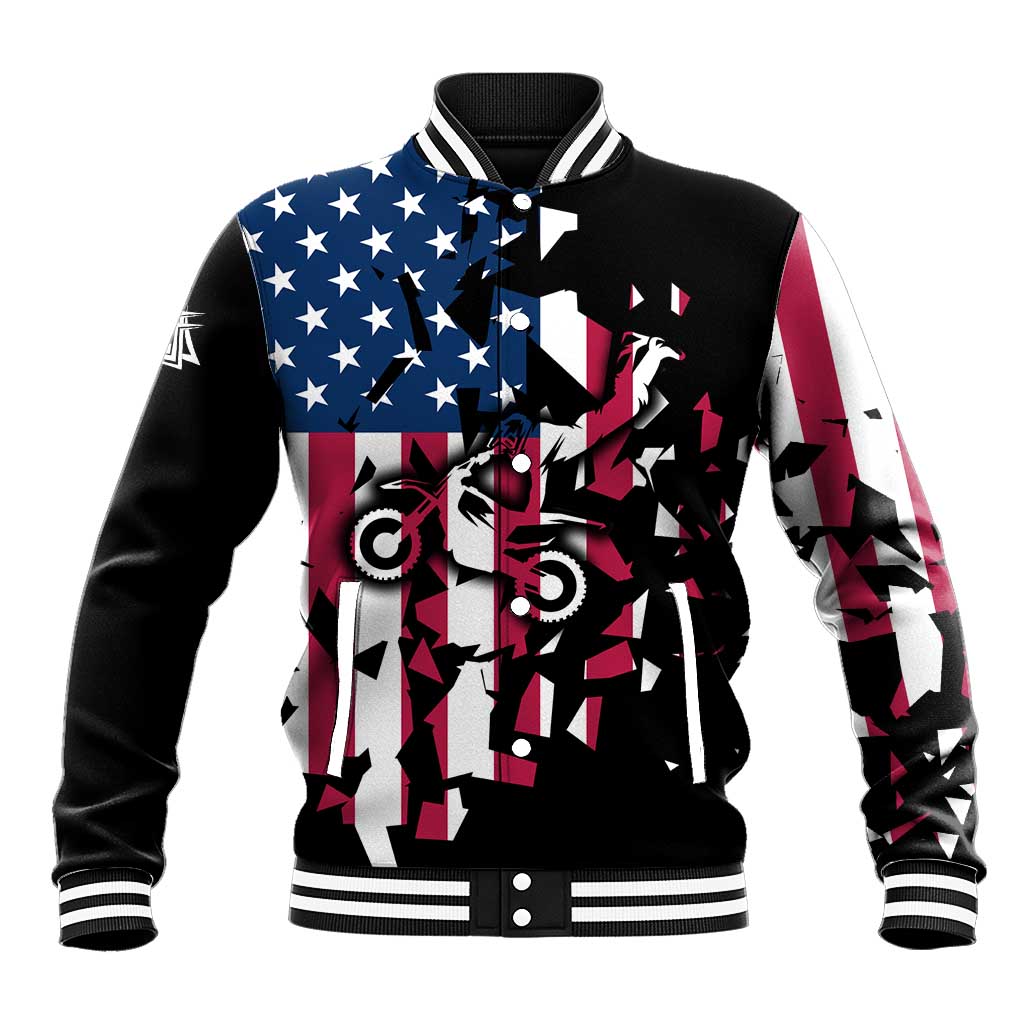 Personalized Dirt Bike Racing Baseball Jacket Shattered American Flag and Race Checkered Patch Graphic in Red White and Blue - Wonder Print Shop