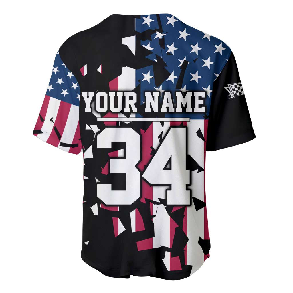 Personalized Dirt Bike Racing Baseball Jersey Shattered American Flag and Race Checkered Patch Graphic in Red White and Blue - Wonder Print Shop