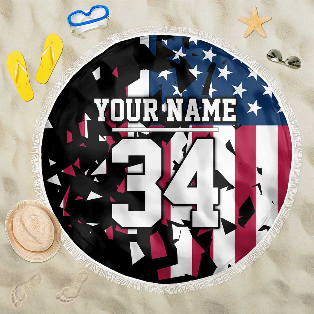 Personalized Dirt Bike Racing Beach Blanket Shattered American Flag and Race Checkered Patch Graphic in Red White and Blue - Wonder Print Shop