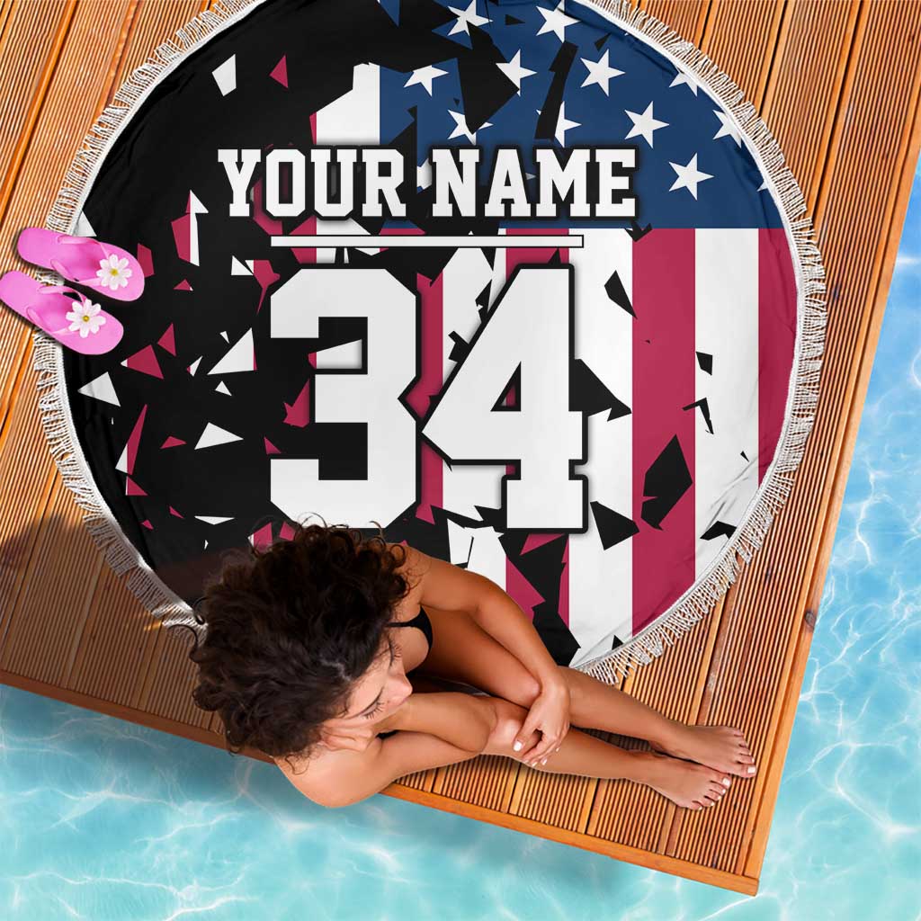 Personalized Dirt Bike Racing Beach Blanket Shattered American Flag and Race Checkered Patch Graphic in Red White and Blue - Wonder Print Shop