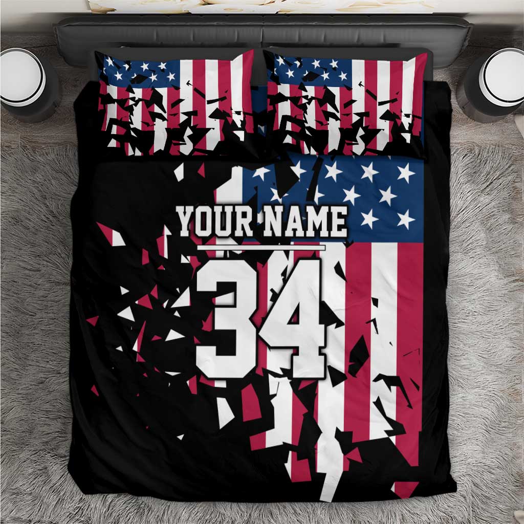 Personalized Dirt Bike Racing Bedding Set Shattered American Flag and Race Checkered Patch Graphic in Red White and Blue - Wonder Print Shop