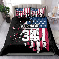 Personalized Dirt Bike Racing Bedding Set Shattered American Flag and Race Checkered Patch Graphic in Red White and Blue - Wonder Print Shop