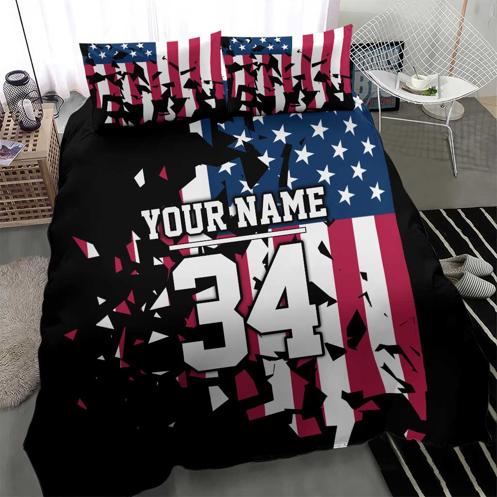 Personalized Dirt Bike Racing Bedding Set Shattered American Flag and Race Checkered Patch Graphic in Red White and Blue - Wonder Print Shop