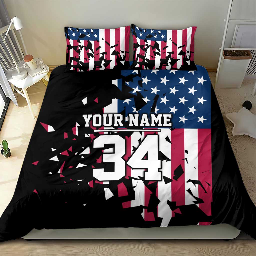 Personalized Dirt Bike Racing Bedding Set Shattered American Flag and Race Checkered Patch Graphic in Red White and Blue - Wonder Print Shop