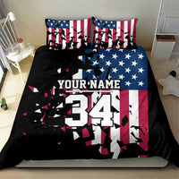 Personalized Dirt Bike Racing Bedding Set Shattered American Flag and Race Checkered Patch Graphic in Red White and Blue - Wonder Print Shop