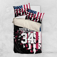 Personalized Dirt Bike Racing Bedding Set Shattered American Flag and Race Checkered Patch Graphic in Red White and Blue - Wonder Print Shop
