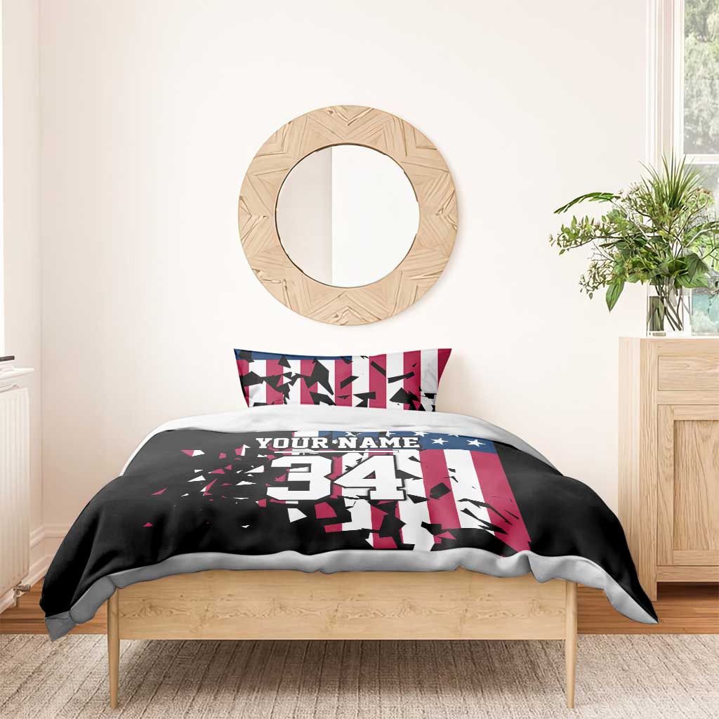 Personalized Dirt Bike Racing Bedding Set Shattered American Flag and Race Checkered Patch Graphic in Red White and Blue - Wonder Print Shop