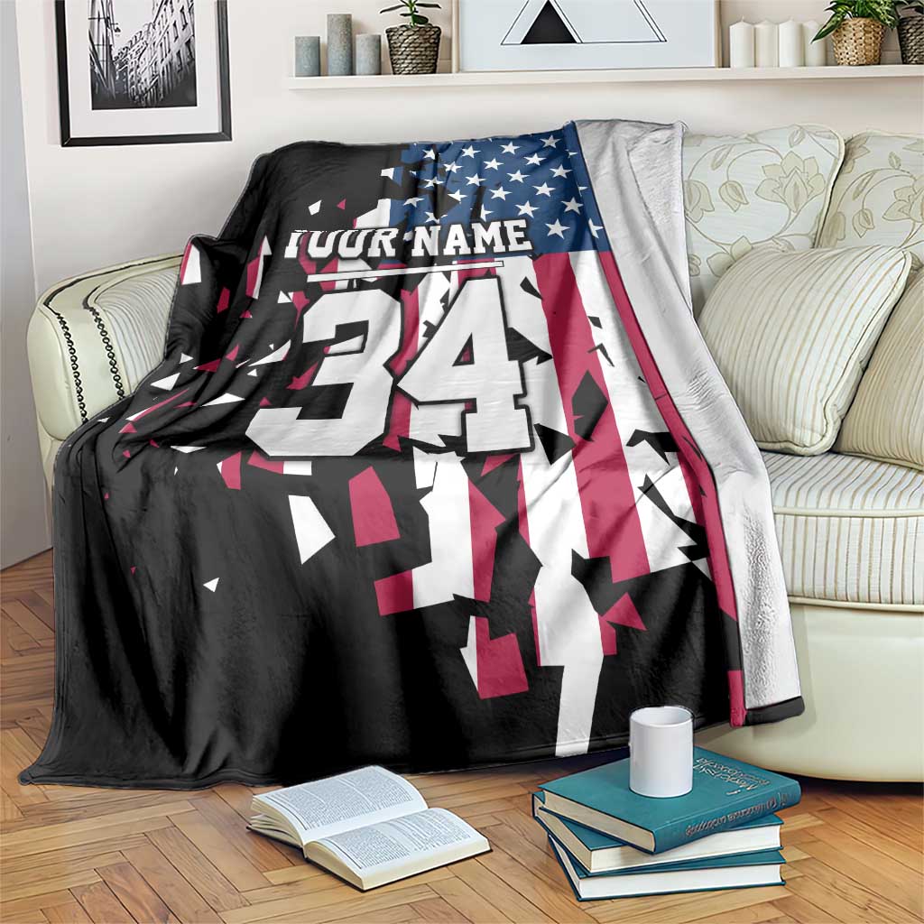 Personalized Dirt Bike Racing Blanket Shattered American Flag and Race Checkered Patch Graphic in Red White and Blue - Wonder Print Shop