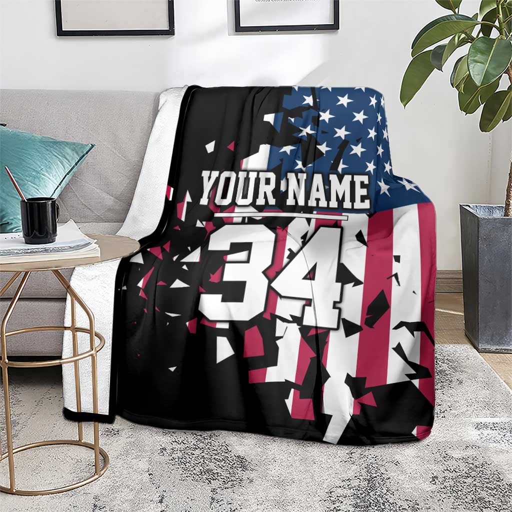 Personalized Dirt Bike Racing Blanket Shattered American Flag and Race Checkered Patch Graphic in Red White and Blue - Wonder Print Shop