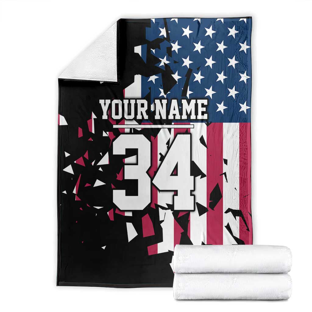 Personalized Dirt Bike Racing Blanket Shattered American Flag and Race Checkered Patch Graphic in Red White and Blue - Wonder Print Shop