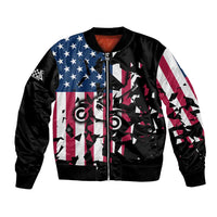 Personalized Dirt Bike Racing Bomber Jacket Shattered American Flag and Race Checkered Patch Graphic in Red White and Blue - Wonder Print Shop
