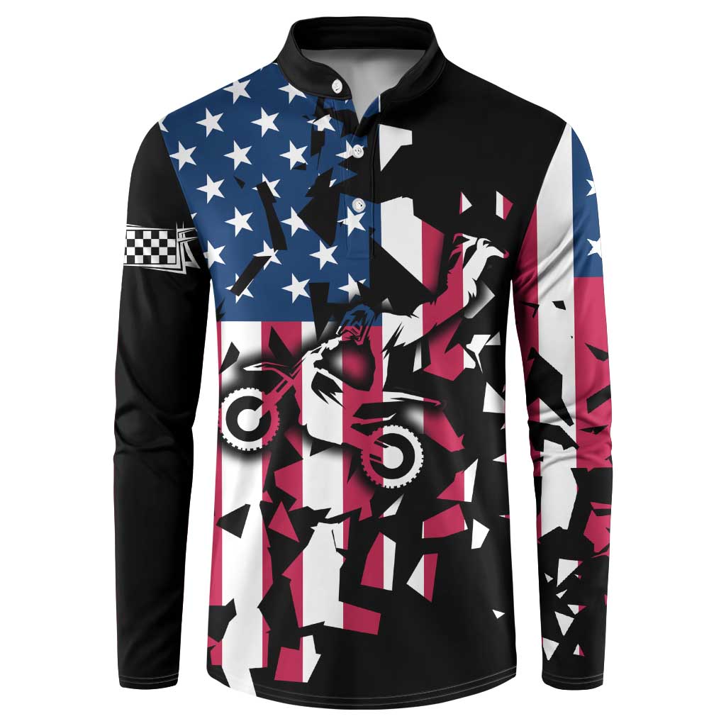 Personalized Dirt Bike Racing Button Sweatshirt Shattered American Flag and Race Checkered Patch Graphic in Red White and Blue - Wonder Print Shop