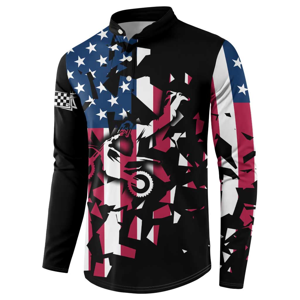Personalized Dirt Bike Racing Button Sweatshirt Shattered American Flag and Race Checkered Patch Graphic in Red White and Blue - Wonder Print Shop