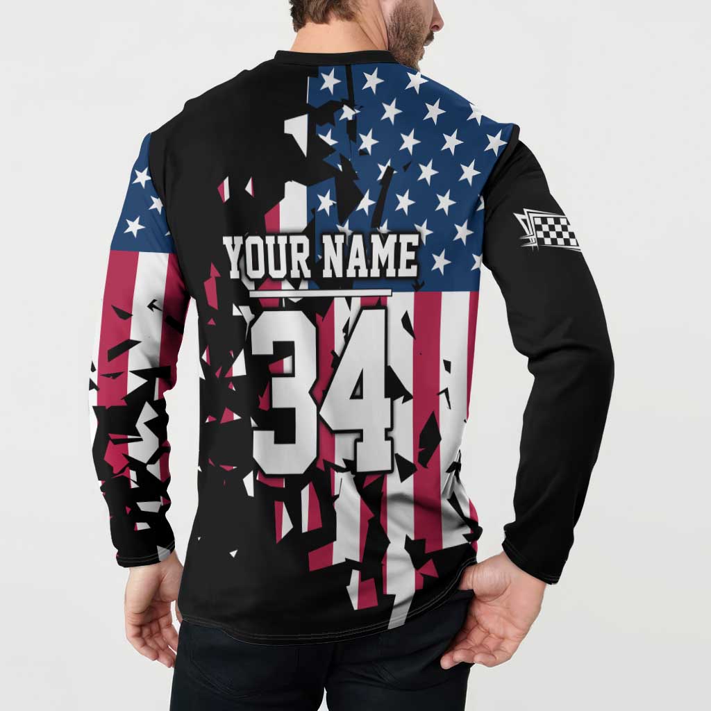 Personalized Dirt Bike Racing Button Sweatshirt Shattered American Flag and Race Checkered Patch Graphic in Red White and Blue - Wonder Print Shop