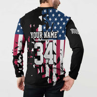 Personalized Dirt Bike Racing Button Sweatshirt Shattered American Flag and Race Checkered Patch Graphic in Red White and Blue - Wonder Print Shop