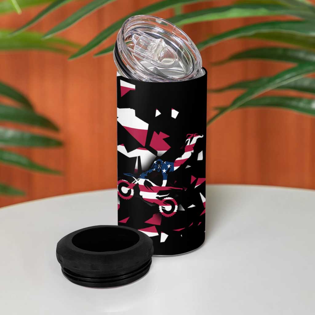 Personalized Dirt Bike Racing 4 in 1 Can Cooler Tumbler Shattered American Flag and Race Checkered Patch Graphic in Red White and Blue - Wonder Print Shop