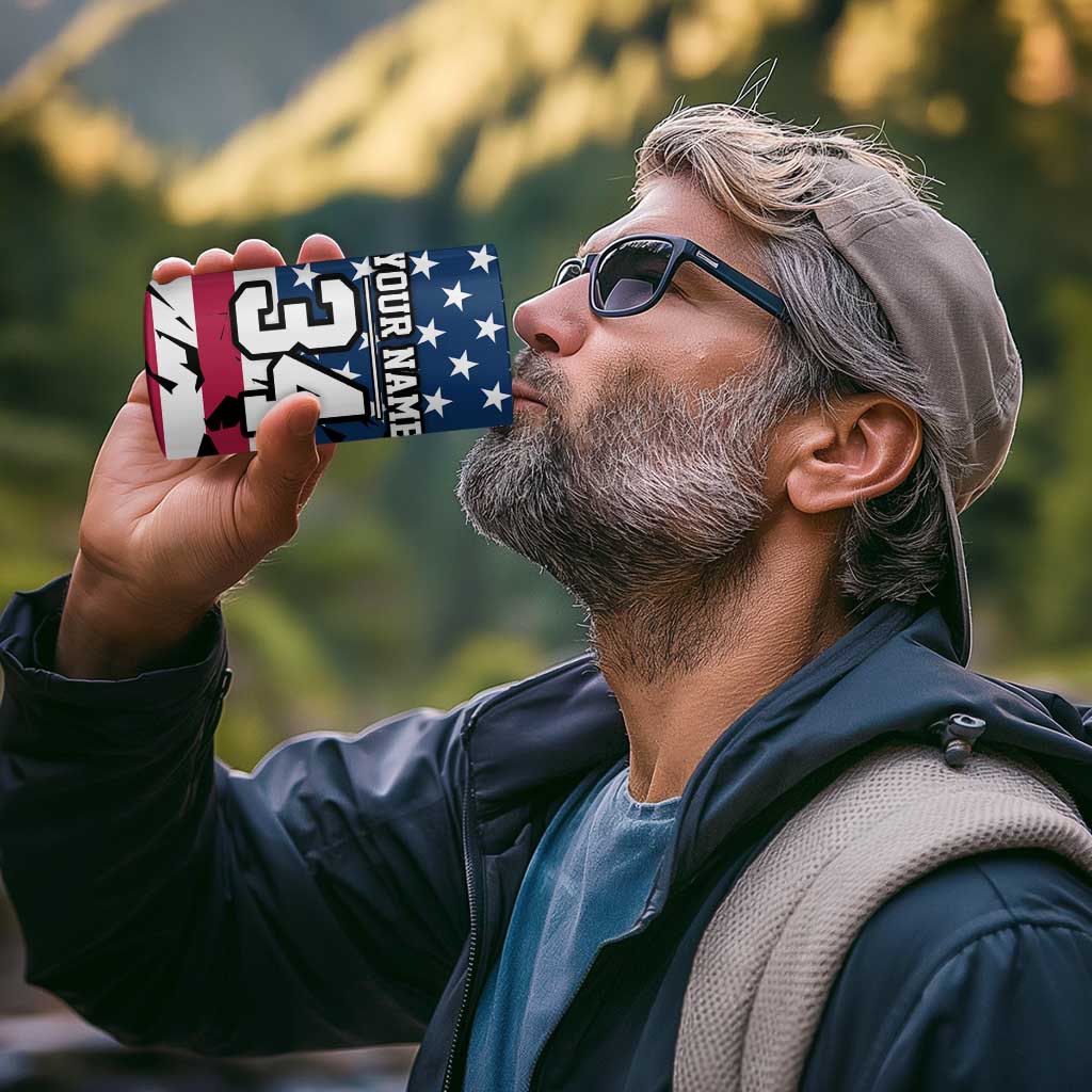 Personalized Dirt Bike Racing 4 in 1 Can Cooler Tumbler Shattered American Flag and Race Checkered Patch Graphic in Red White and Blue - Wonder Print Shop