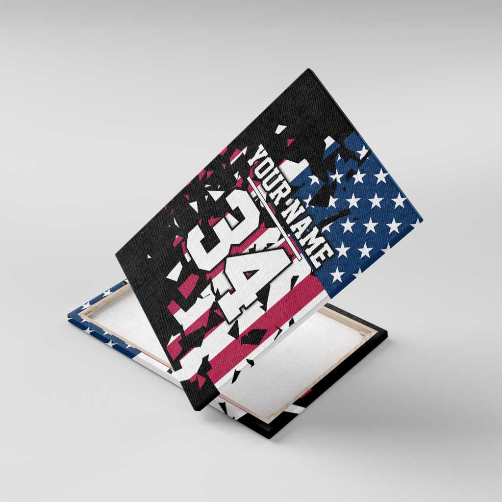 Personalized Dirt Bike Racing Canvas Wall Art Shattered American Flag and Race Checkered Patch Graphic in Red White and Blue - Wonder Print Shop
