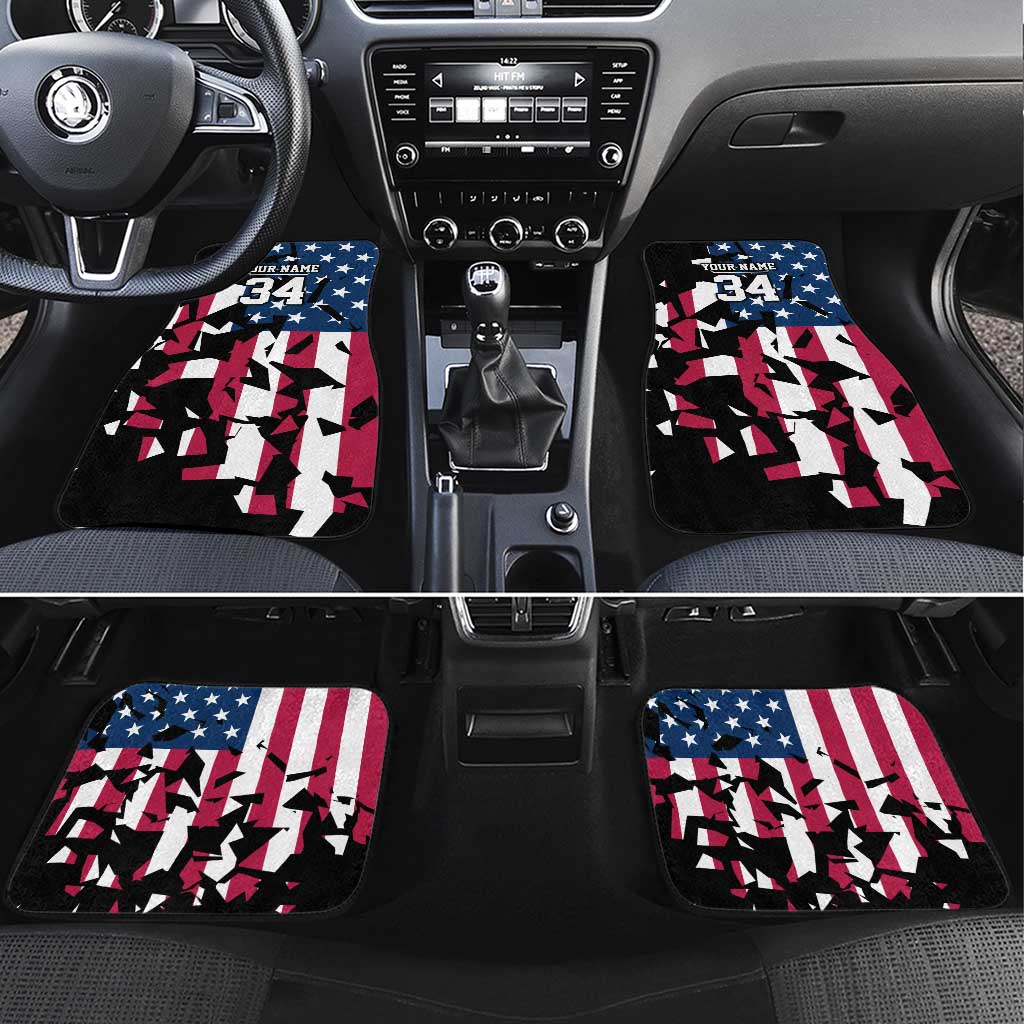 Personalized Dirt Bike Racing Car Mats Shattered American Flag and Race Checkered Patch Graphic in Red White and Blue - Wonder Print Shop