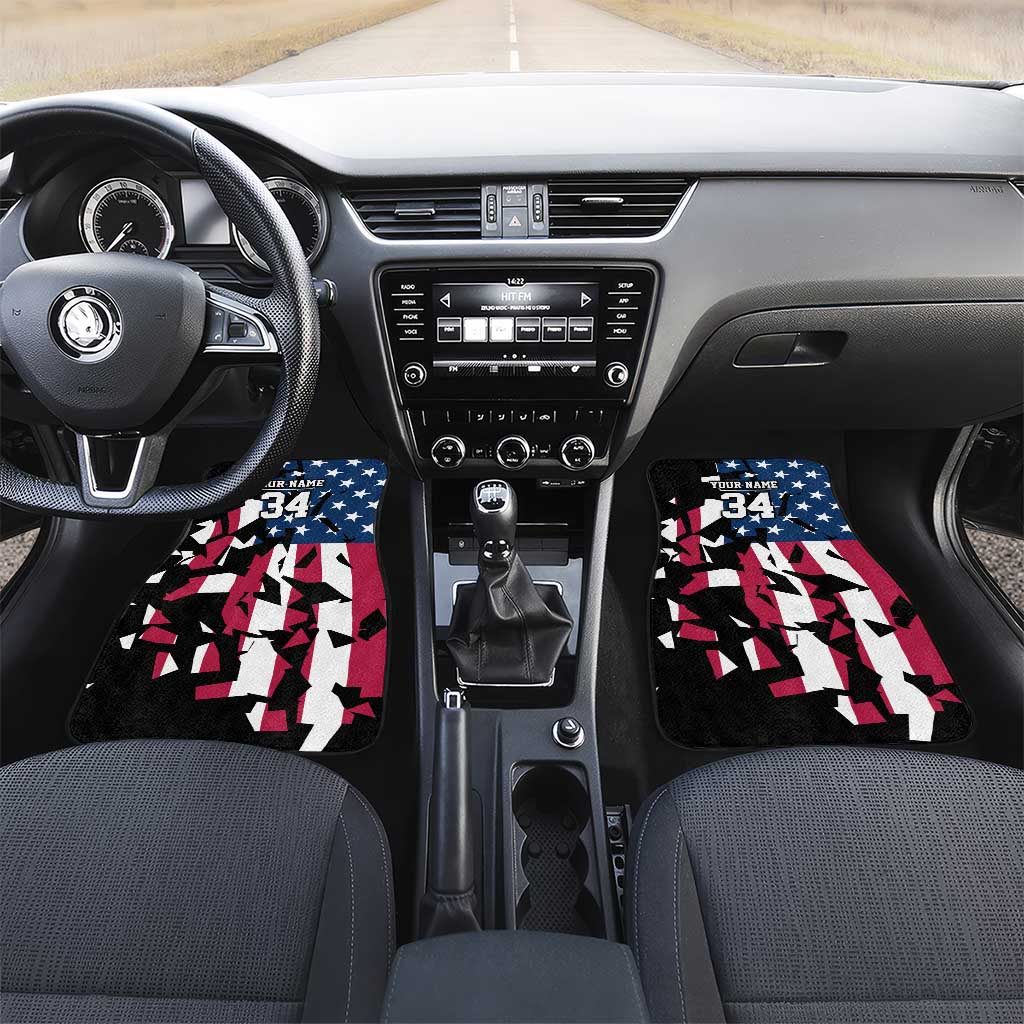 Personalized Dirt Bike Racing Car Mats Shattered American Flag and Race Checkered Patch Graphic in Red White and Blue - Wonder Print Shop