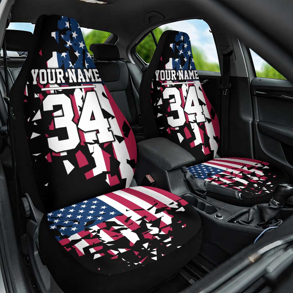 Personalized Dirt Bike Racing Car Seat Cover Shattered American Flag and Race Checkered Patch Graphic in Red White and Blue - Wonder Print Shop