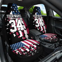 Personalized Dirt Bike Racing Car Seat Cover Shattered American Flag and Race Checkered Patch Graphic in Red White and Blue - Wonder Print Shop
