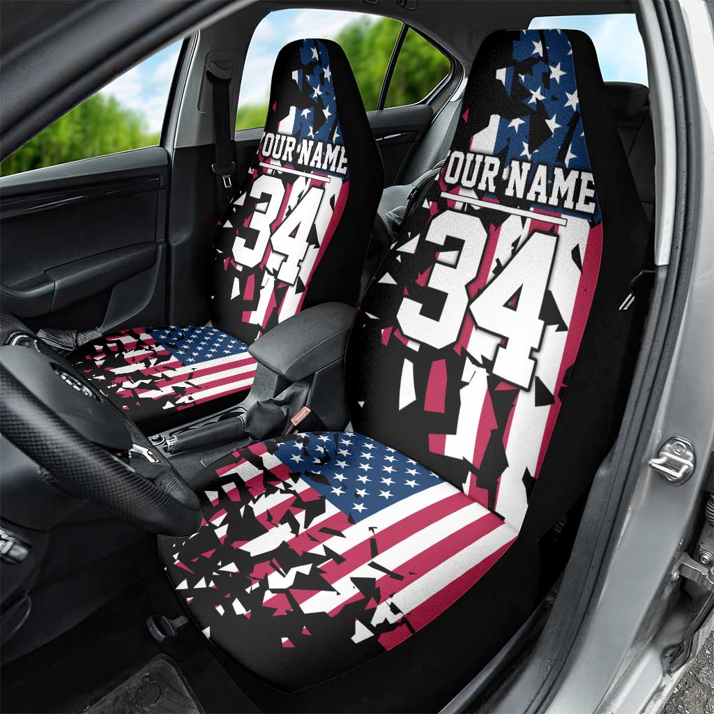 Personalized Dirt Bike Racing Car Seat Cover Shattered American Flag and Race Checkered Patch Graphic in Red White and Blue - Wonder Print Shop