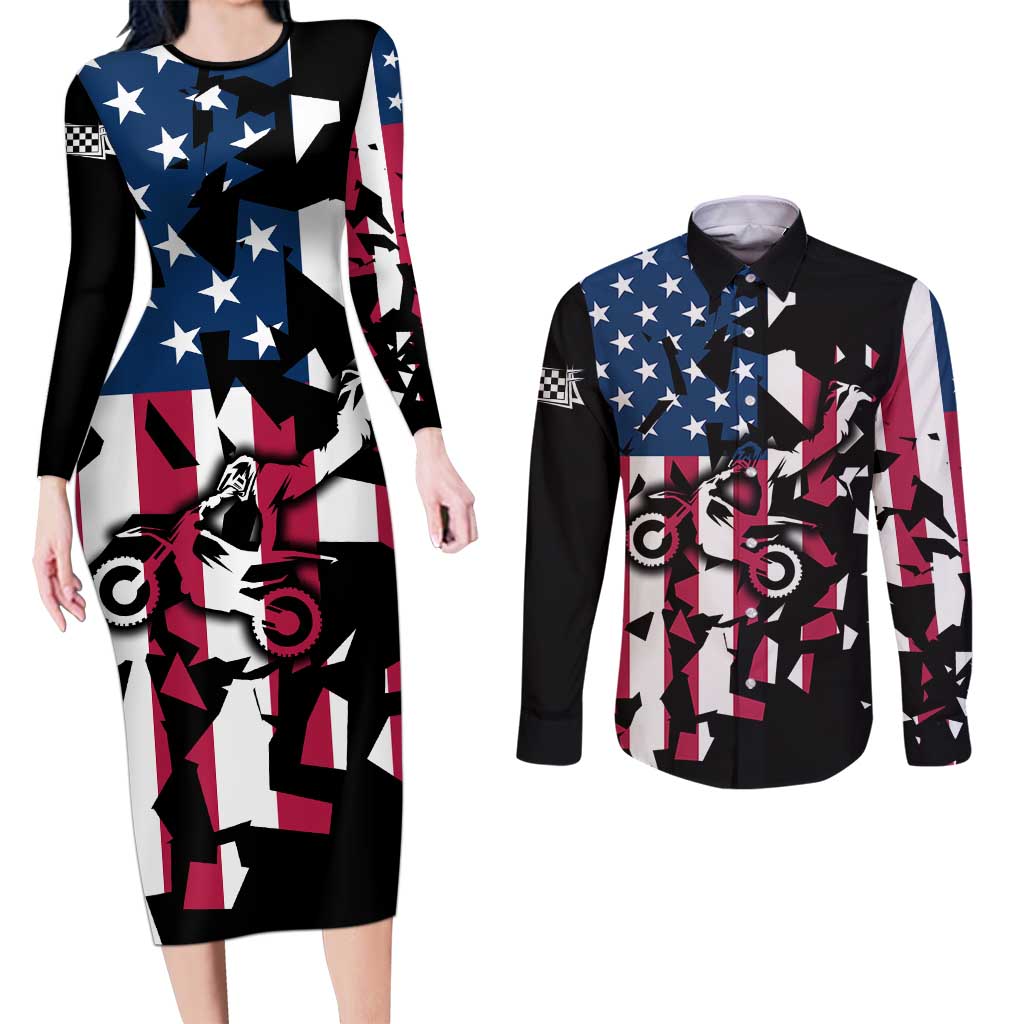 Personalized Dirt Bike Racing Couples Matching Long Sleeve Bodycon Dress and Long Sleeve Button Shirt Shattered American Flag and Race Checkered Patch Graphic in Red White and Blue - Wonder Print Shop