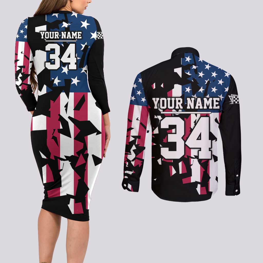 Personalized Dirt Bike Racing Couples Matching Long Sleeve Bodycon Dress and Long Sleeve Button Shirt Shattered American Flag and Race Checkered Patch Graphic in Red White and Blue - Wonder Print Shop