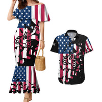 Personalized Dirt Bike Racing Couples Matching Mermaid Dress and Hawaiian Shirt Shattered American Flag and Race Checkered Patch Graphic in Red White and Blue - Wonder Print Shop