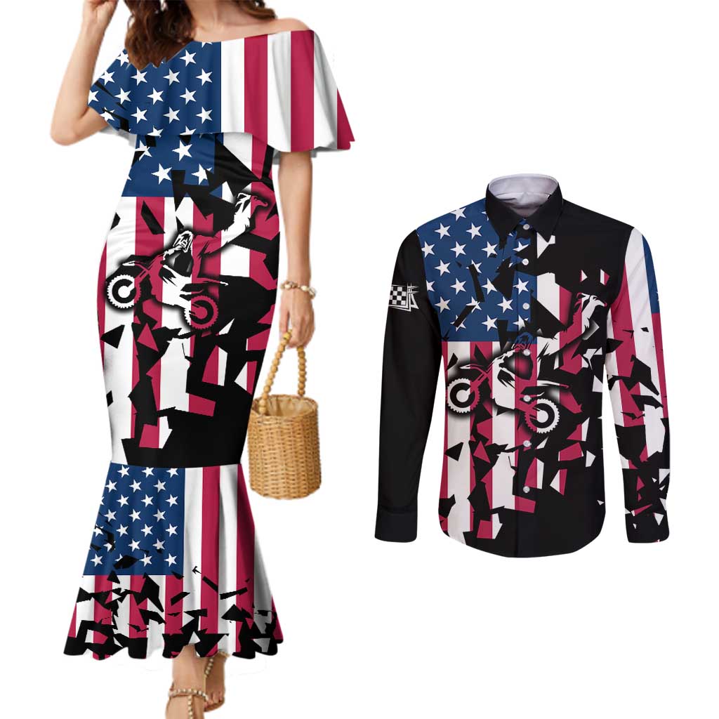 Personalized Dirt Bike Racing Couples Matching Mermaid Dress and Long Sleeve Button Shirt Shattered American Flag and Race Checkered Patch Graphic in Red White and Blue - Wonder Print Shop