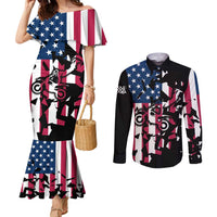 Personalized Dirt Bike Racing Couples Matching Mermaid Dress and Long Sleeve Button Shirt Shattered American Flag and Race Checkered Patch Graphic in Red White and Blue - Wonder Print Shop