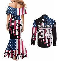 Personalized Dirt Bike Racing Couples Matching Mermaid Dress and Long Sleeve Button Shirt Shattered American Flag and Race Checkered Patch Graphic in Red White and Blue - Wonder Print Shop
