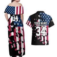 Personalized Dirt Bike Racing Couples Matching Off Shoulder Maxi Dress and Hawaiian Shirt Shattered American Flag and Race Checkered Patch Graphic in Red White and Blue - Wonder Print Shop