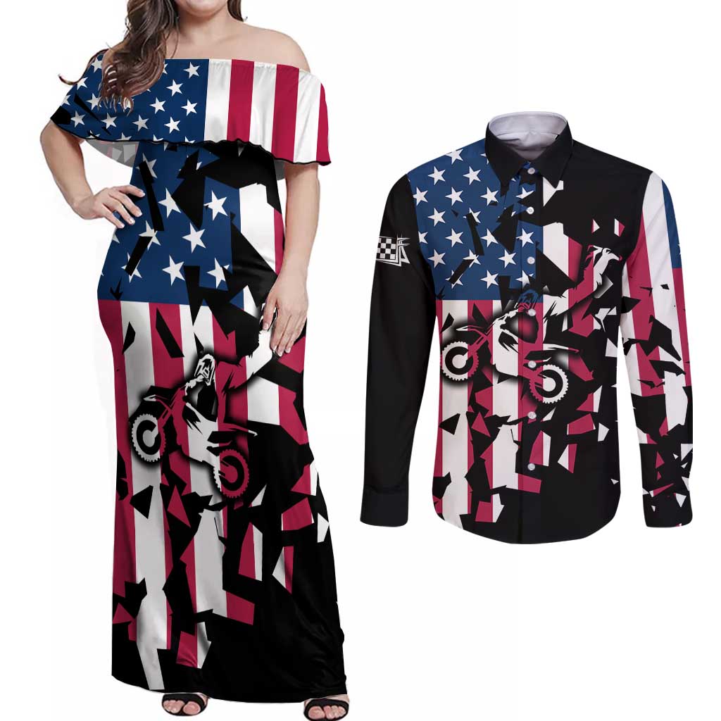 Personalized Dirt Bike Racing Couples Matching Off Shoulder Maxi Dress and Long Sleeve Button Shirt Shattered American Flag and Race Checkered Patch Graphic in Red White and Blue - Wonder Print Shop