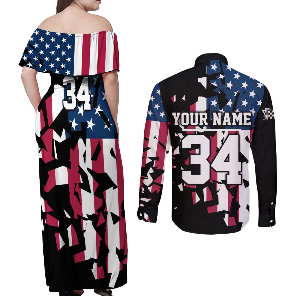 Personalized Dirt Bike Racing Couples Matching Off Shoulder Maxi Dress and Long Sleeve Button Shirt Shattered American Flag and Race Checkered Patch Graphic in Red White and Blue - Wonder Print Shop