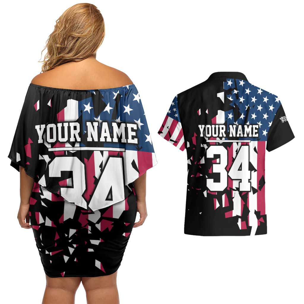 Personalized Dirt Bike Racing Couples Matching Off Shoulder Short Dress and Hawaiian Shirt Shattered American Flag and Race Checkered Patch Graphic in Red White and Blue - Wonder Print Shop