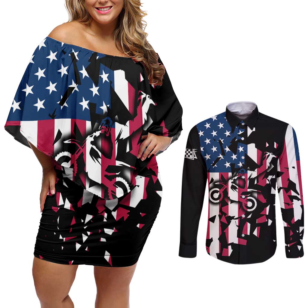 Personalized Dirt Bike Racing Couples Matching Off Shoulder Short Dress and Long Sleeve Button Shirt Shattered American Flag and Race Checkered Patch Graphic in Red White and Blue - Wonder Print Shop
