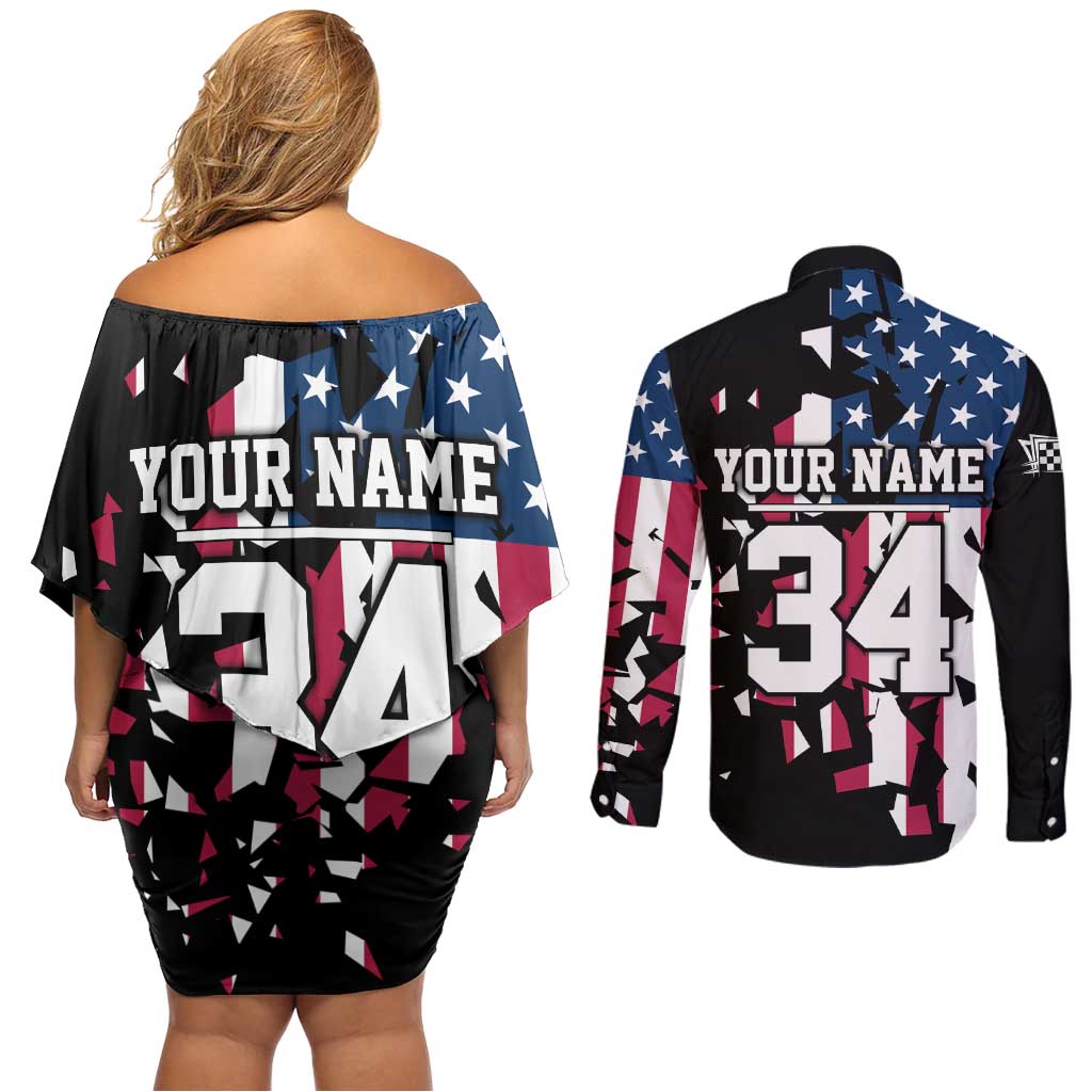 Personalized Dirt Bike Racing Couples Matching Off Shoulder Short Dress and Long Sleeve Button Shirt Shattered American Flag and Race Checkered Patch Graphic in Red White and Blue - Wonder Print Shop