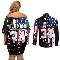 Personalized Dirt Bike Racing Couples Matching Off Shoulder Short Dress and Long Sleeve Button Shirt Shattered American Flag and Race Checkered Patch Graphic in Red White and Blue - Wonder Print Shop