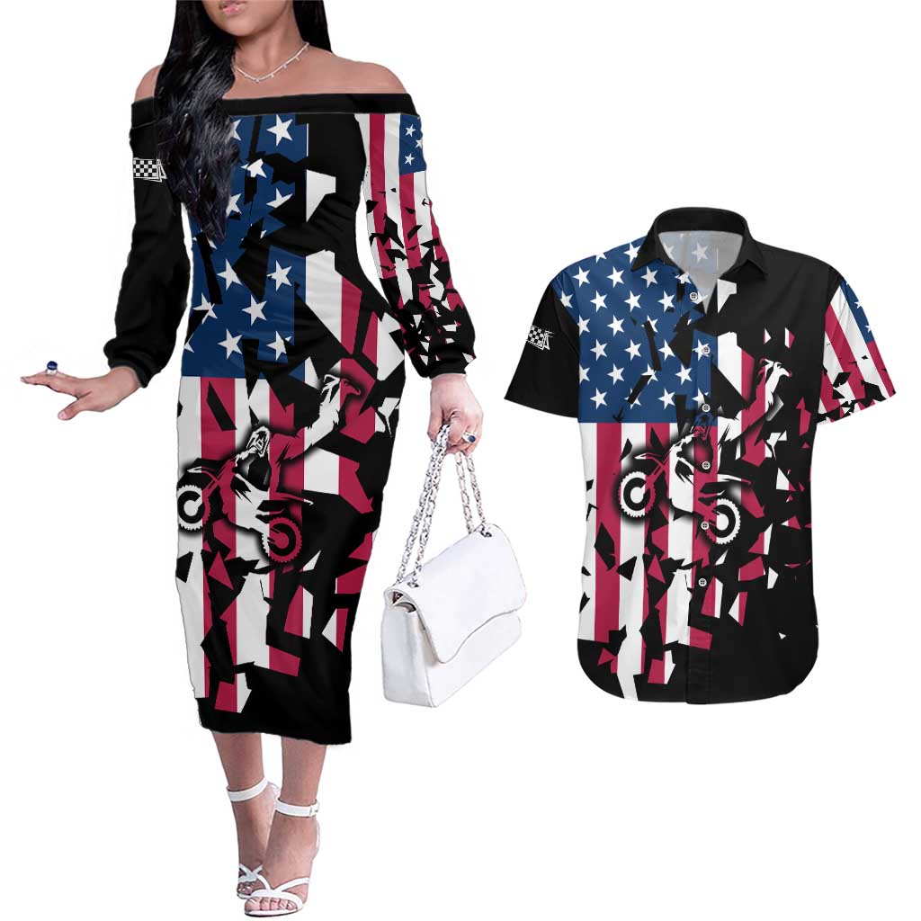 Personalized Dirt Bike Racing Couples Matching Off The Shoulder Long Sleeve Dress and Hawaiian Shirt Shattered American Flag and Race Checkered Patch Graphic in Red White and Blue - Wonder Print Shop