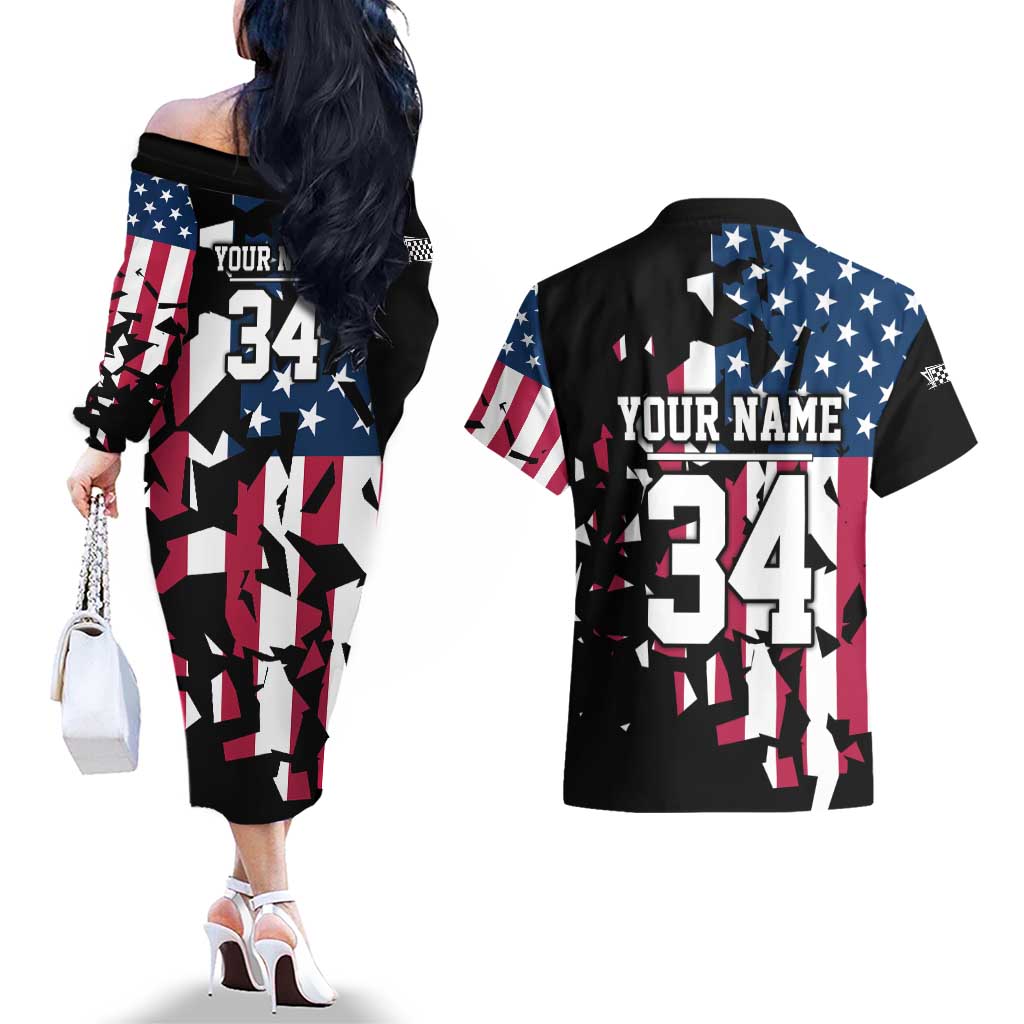 Personalized Dirt Bike Racing Couples Matching Off The Shoulder Long Sleeve Dress and Hawaiian Shirt Shattered American Flag and Race Checkered Patch Graphic in Red White and Blue - Wonder Print Shop