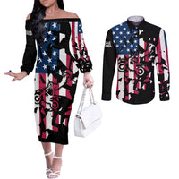 Personalized Dirt Bike Racing Couples Matching Off The Shoulder Long Sleeve Dress and Long Sleeve Button Shirt Shattered American Flag and Race Checkered Patch Graphic in Red White and Blue - Wonder Print Shop