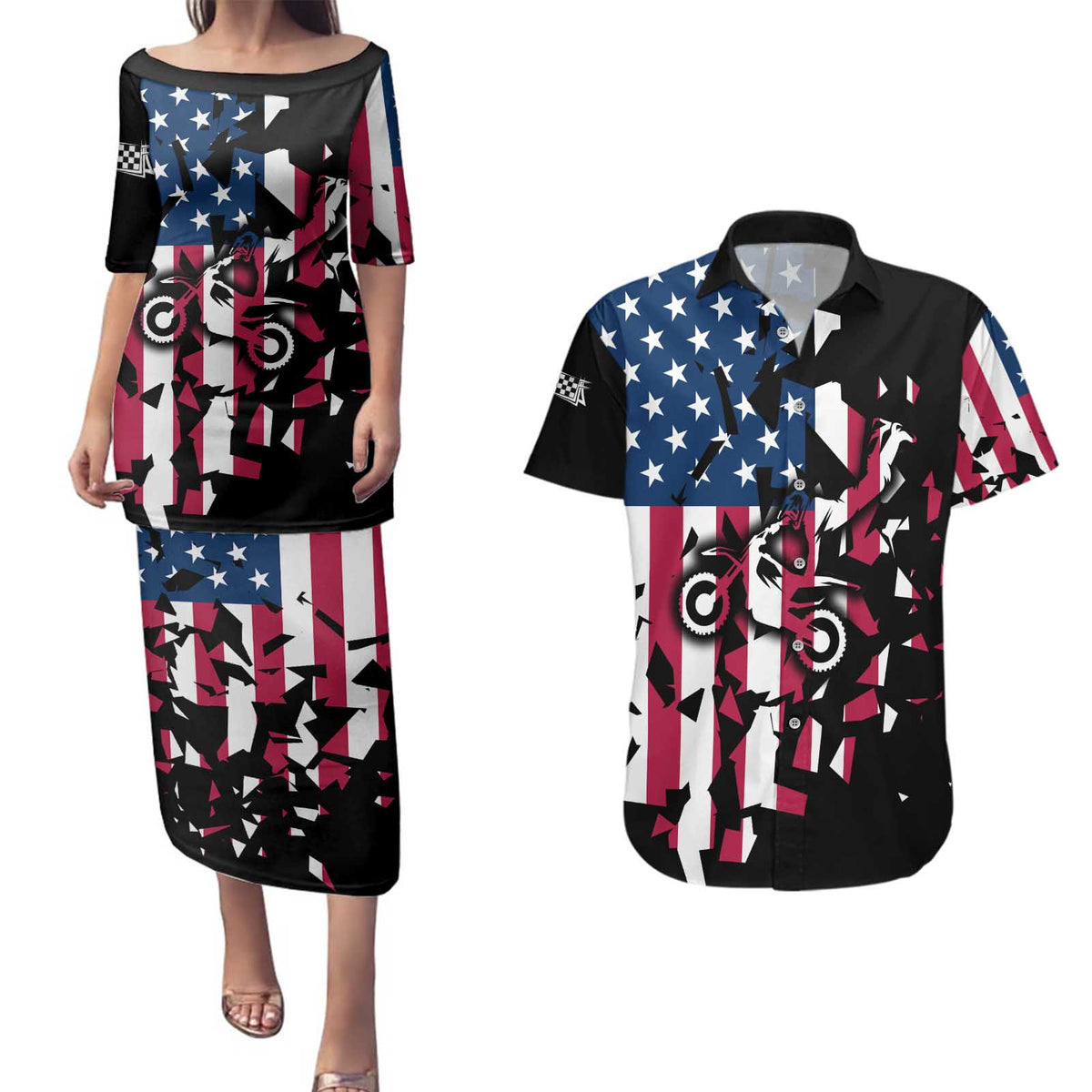 Personalized Dirt Bike Racing Couples Matching Puletasi and Hawaiian Shirt Shattered American Flag and Race Checkered Patch Graphic in Red White and Blue - Wonder Print Shop