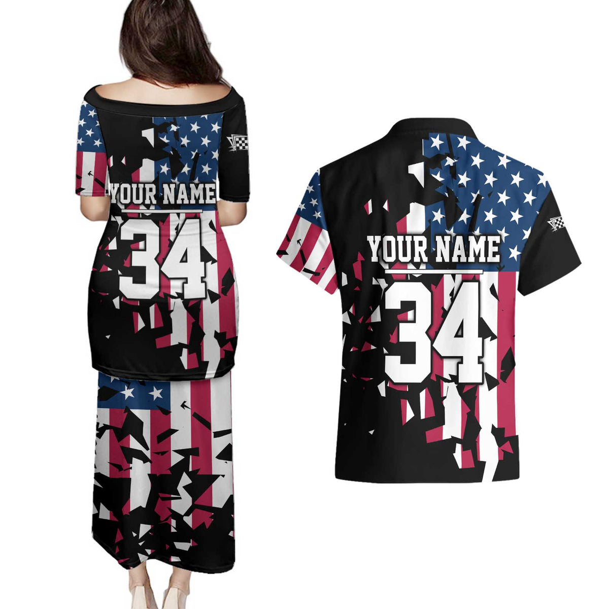 Personalized Dirt Bike Racing Couples Matching Puletasi and Hawaiian Shirt Shattered American Flag and Race Checkered Patch Graphic in Red White and Blue - Wonder Print Shop
